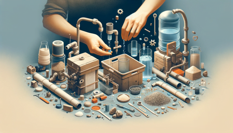 A hands-on construction scene where an individual is assembling a simple water filtration system with readily available components.