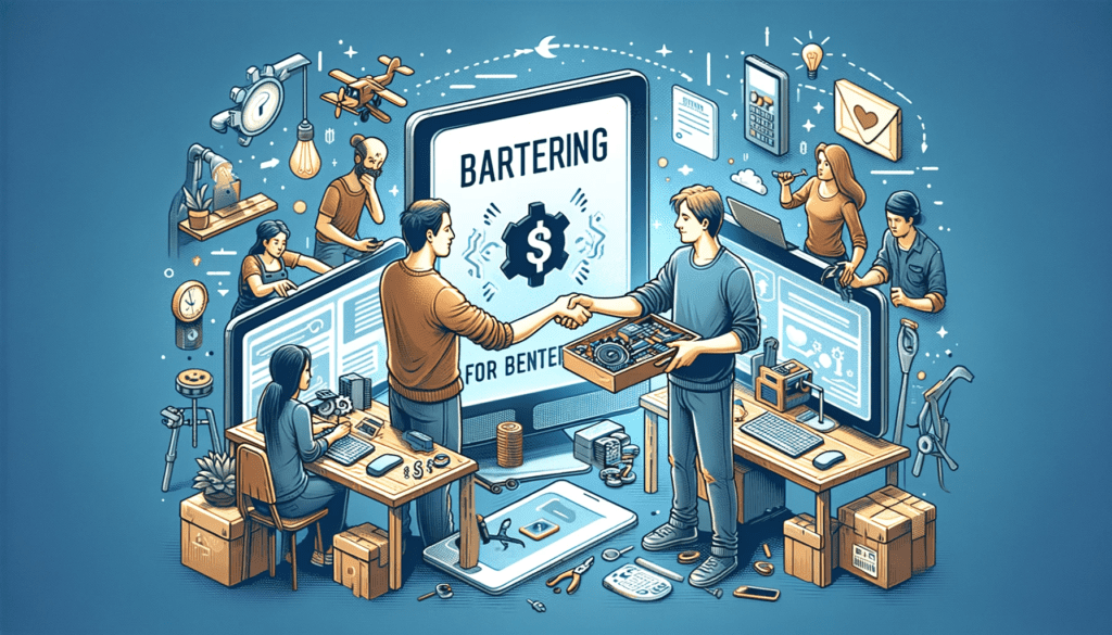 Individuals engaged in bartering their technical skills for solving problems with digital devices, in a collaborative and mutually beneficial setting.