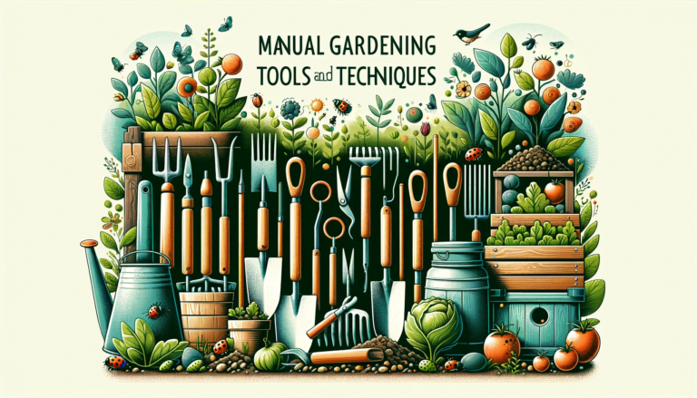 Gardening tools in a garden setting, emphasizing food cultivation.