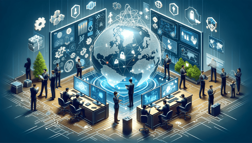 A high-tech cybersecurity environment with professionals engaged in various activities and elements suggesting the exchange of cybersecurity services for other expertise.